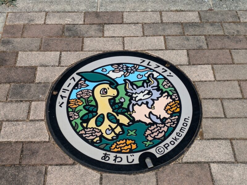 ベイリーフとフラフワンのポケふた(兵庫県淡路市)・北淡震災記念公園に設置